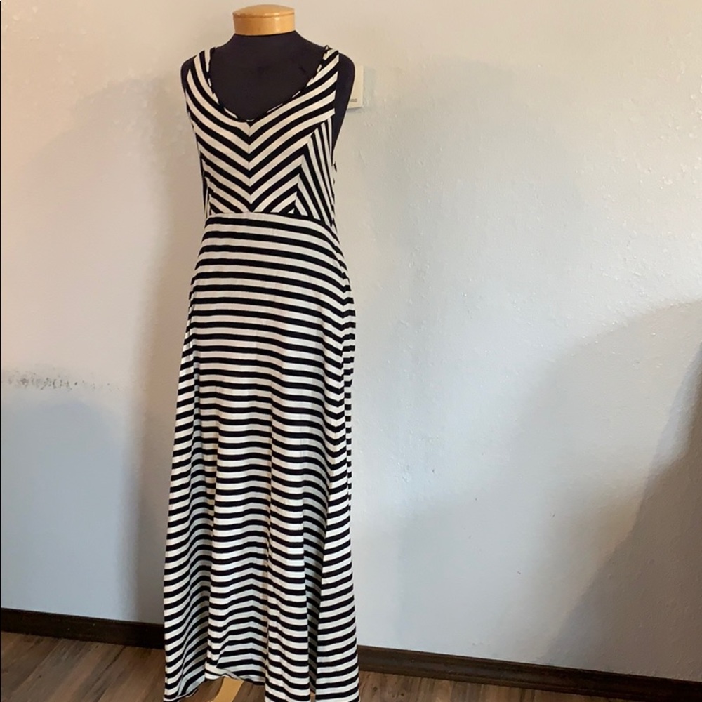 Cream and black striped maxi dress.